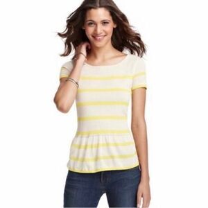 Loft beige & Bright Yellow Stripe Peplum Top with Statement Zipper Back Size S